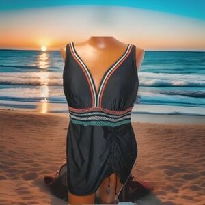 Cacique‎ Swim Wireless Tankini Swim Dress Woman Size 14 Lined Black Embroidered